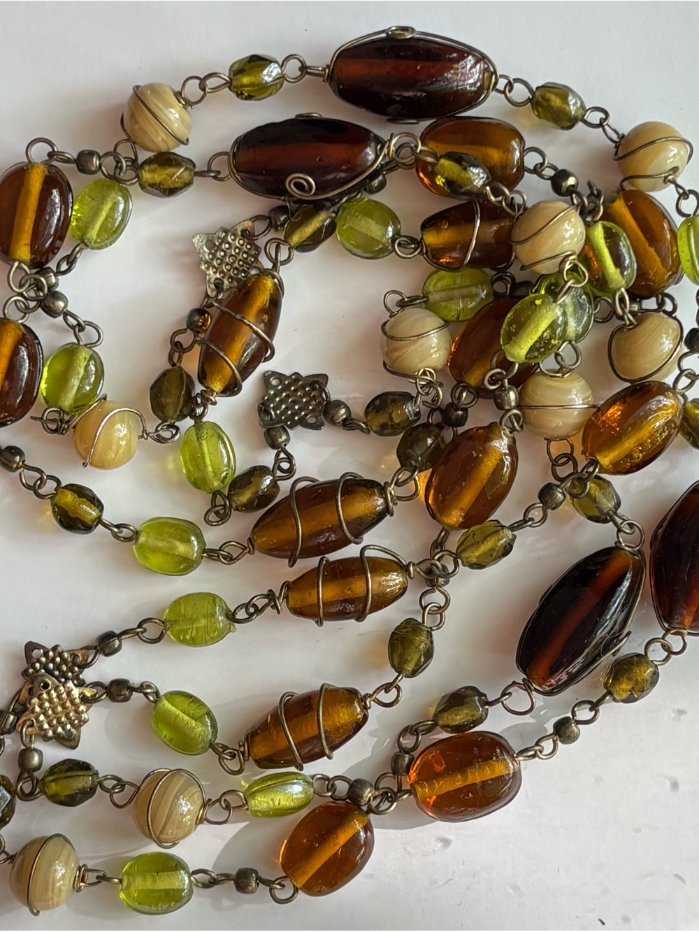 Vintage Earth Tone Art Glass Station Necklace Wire Wrapped Amber Green Beads 46”